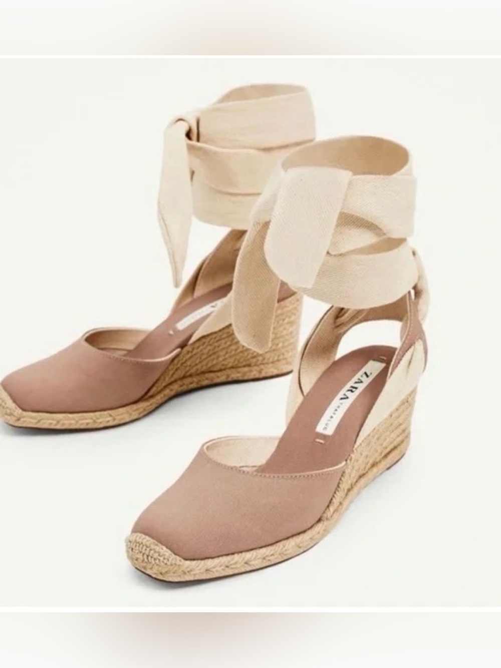 ZARA Taupe Canvas Espadrille Wedge Sandals with Ankle Wrap